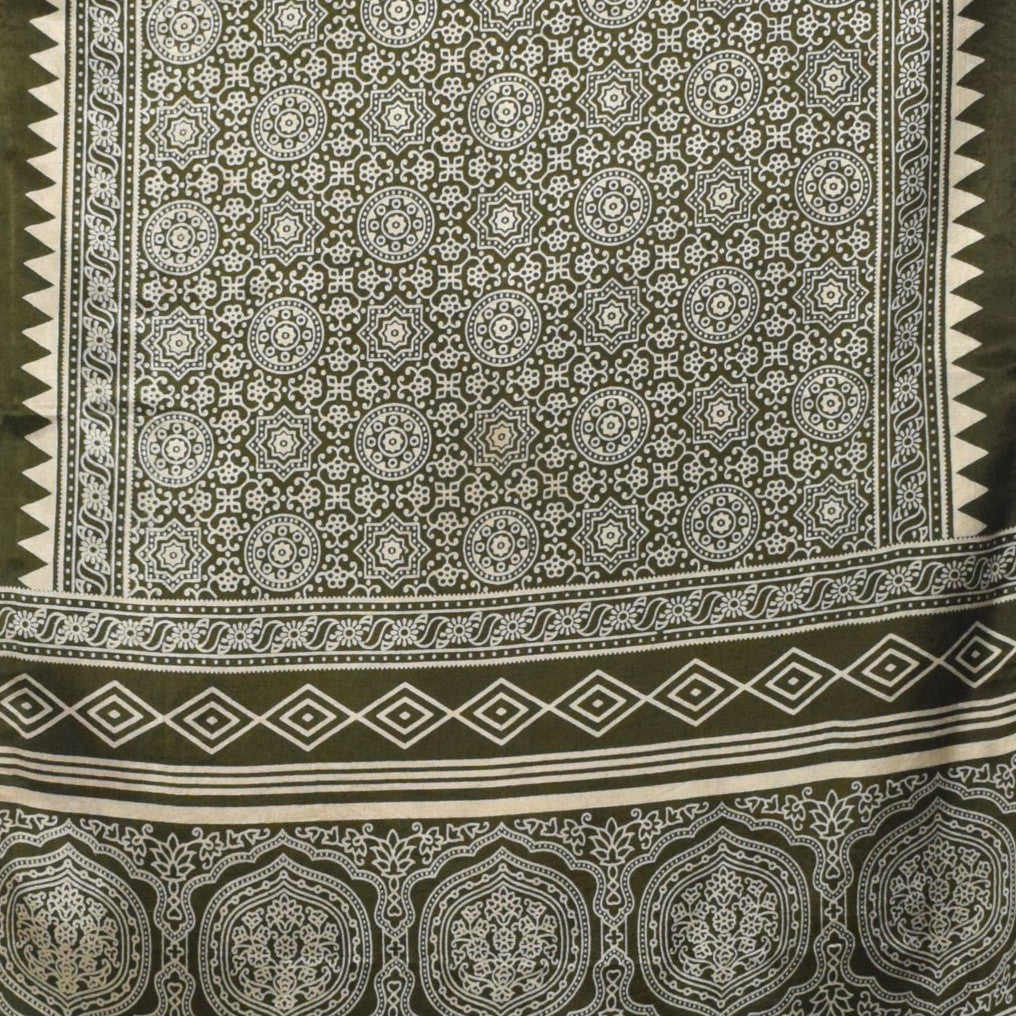 Ajrakh Mashru Silk Screen Print Hand Printed Stole - 2.1 Mtr Length - SKU : JH26101G