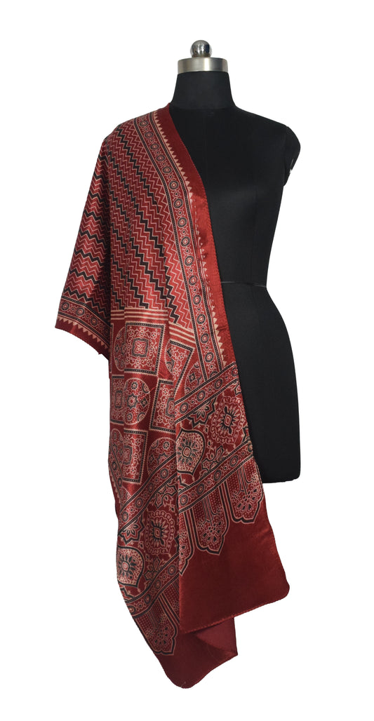 Ajrakh Mashru Silk Screen Print Hand Printed Stole - 2.1 Mtr Length - SKU : JH24202A