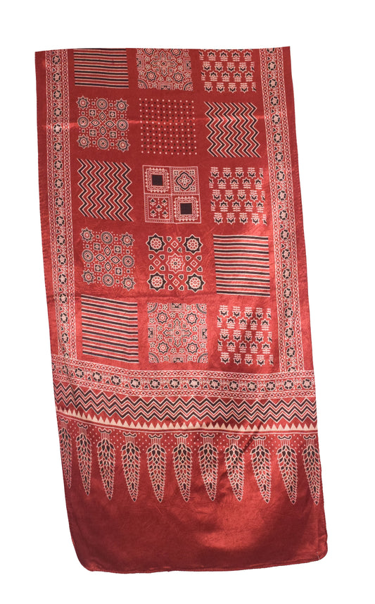 Ajrakh Mashru Silk Screen Print Hand Printed Stole - 2.1 Mtr Length - SKU : JH24202I