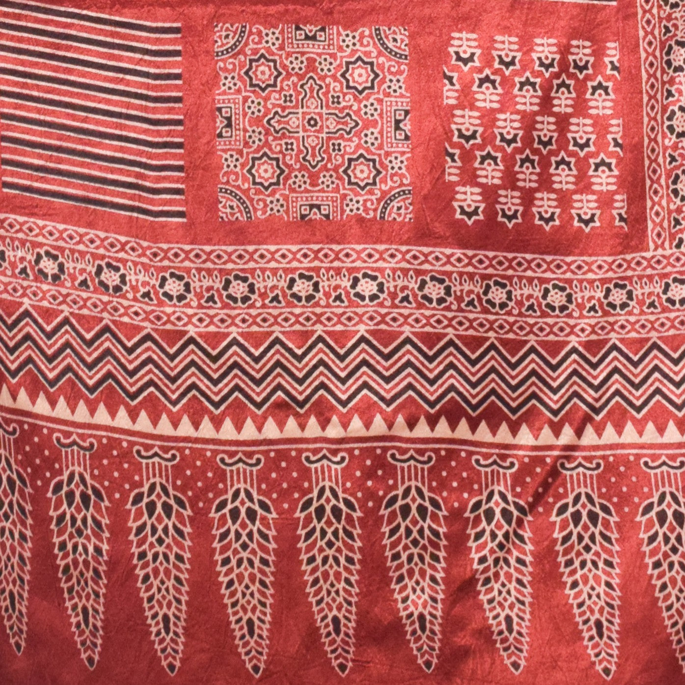 Ajrakh Mashru Silk Screen Print Hand Printed Stole - 2.1 Mtr Length - SKU : JH24202I
