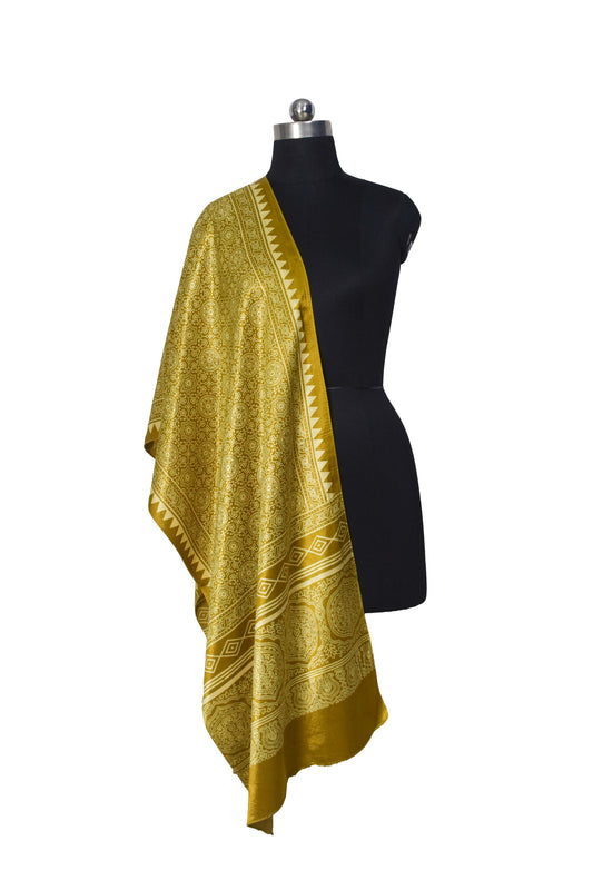 Ajrakh Mashru Silk Screen Print Hand Printed Stole - 2.1 Mtr Length - SKU : JH26101B