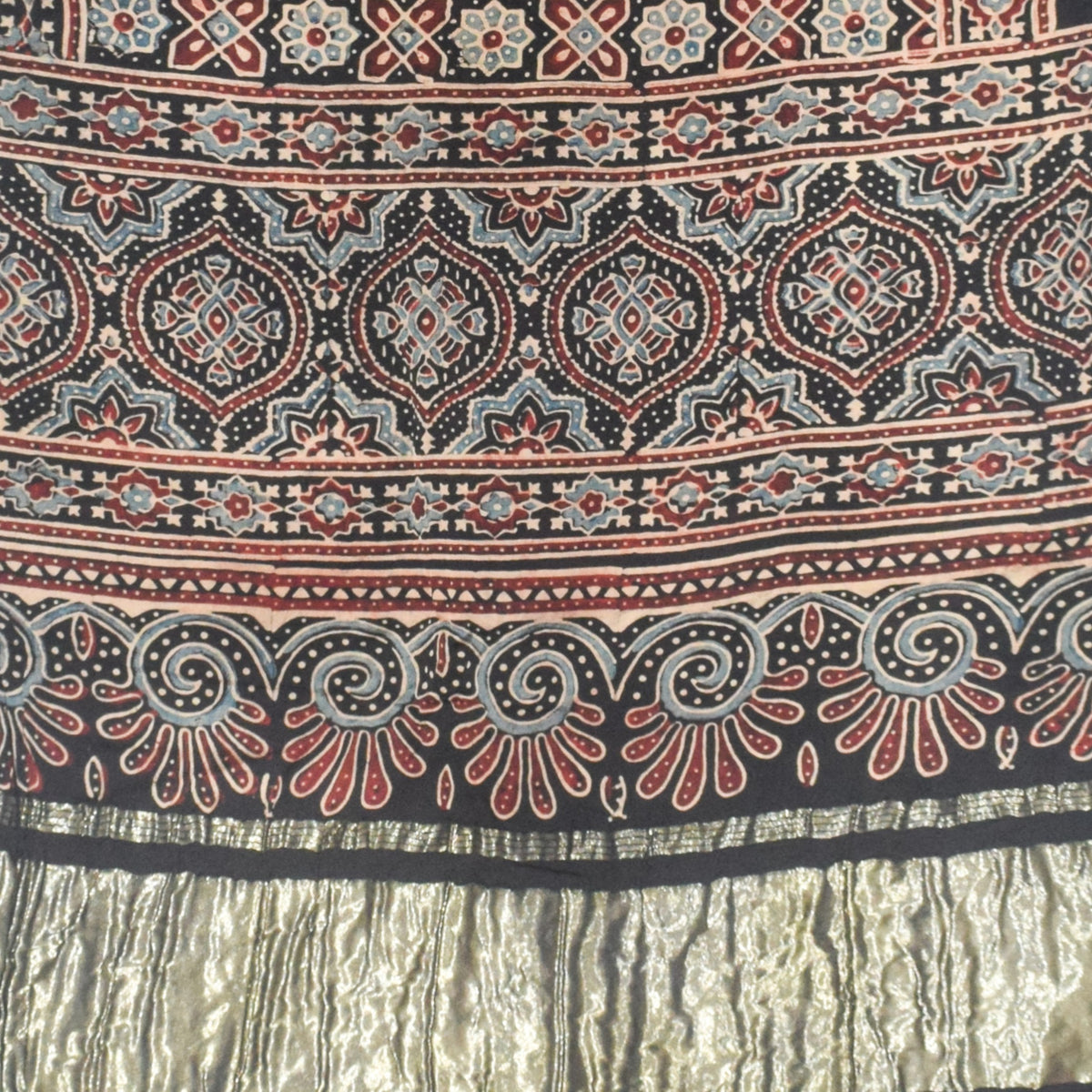 Ajrakh Modal Silk Natural Dye Hand Block Print Stole with Golden Border - with Tassels - 2.6 Mtr Length - SKU : MS18801B