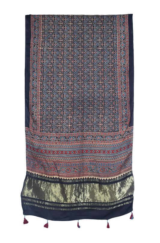 Ajrakh Modal Silk Natural Dye Hand Block Print Stole with Golden Border - with Tassels - 2.6 Mtr Length - SKU : MS26501D