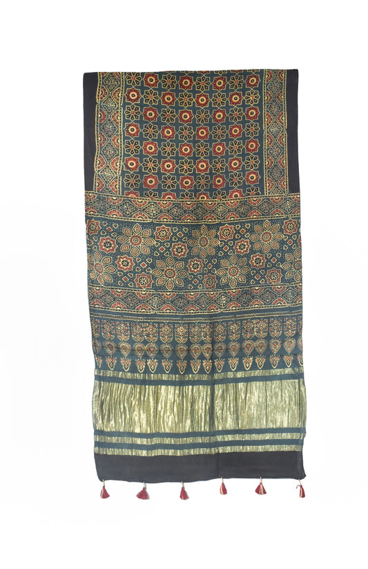 Ajrakh Modal Silk Natural Dye Hand Block Print Stole with Golden Border - with Tassels - 2.6 Mtr Length - SKU : MS18801H