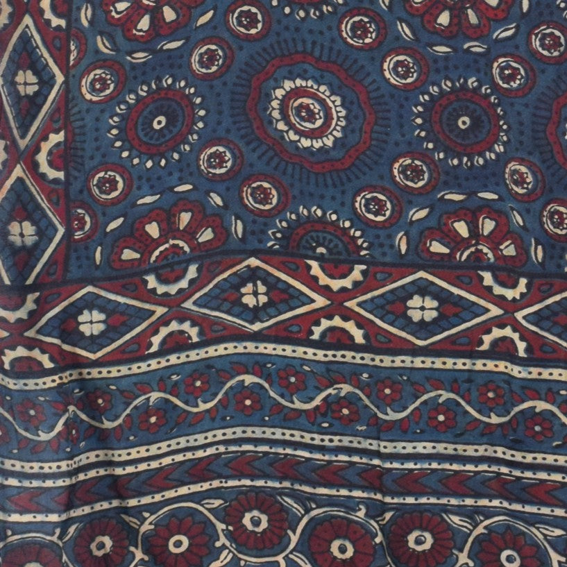 Ajrakh Modal Silk Natural Dye Hand Block Print Stole with Golden Border - with Tassels - 2.6 Mtr Length - SKU : MS26501B