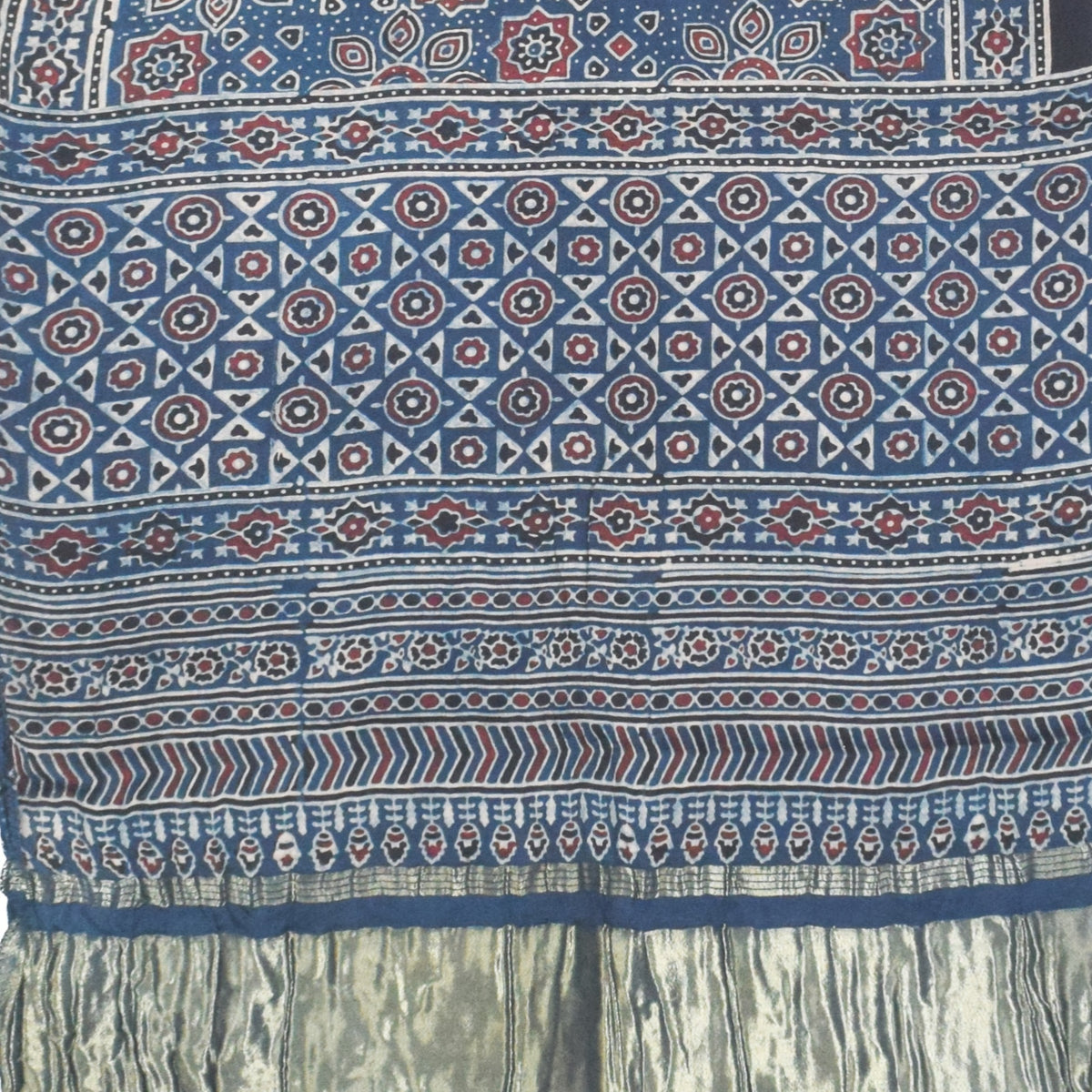 Ajrakh Modal Silk Natural Dye Hand Block Print Stole with Golden Border - with Tassels - 2.6 Mtr Length - SKU : MS18801D
