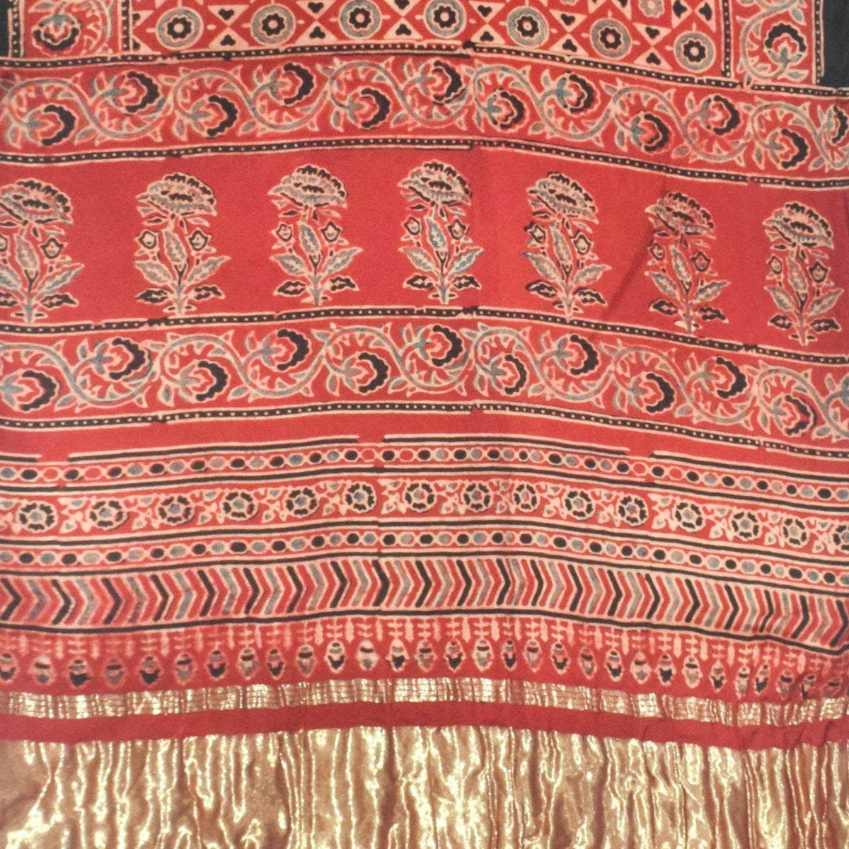Ajrakh Modal Silk Natural Dye Hand Block Print Stole with Golden Border - with Tassels - 2.6 Mtr Length - SKU : MS18801F