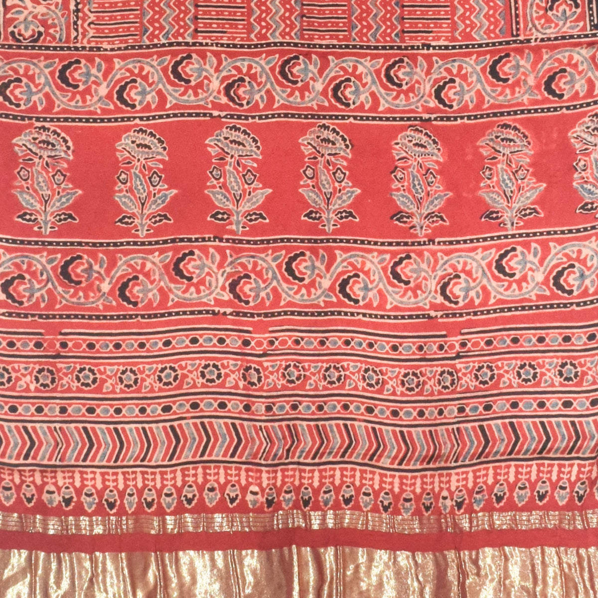 Ajrakh Modal Silk Natural Dye Hand Block Print Stole with Golden Border - with Tassels - 2.6 Mtr Length - SKU : MS18801G
