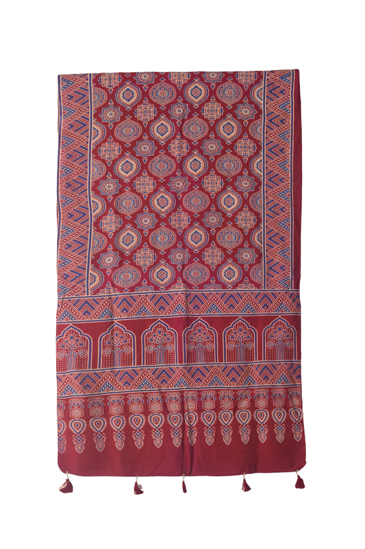Ajrakh Rayon Screen Print Hand Printed Stole - 2.1 Mtr Length - SKU : RD25702B