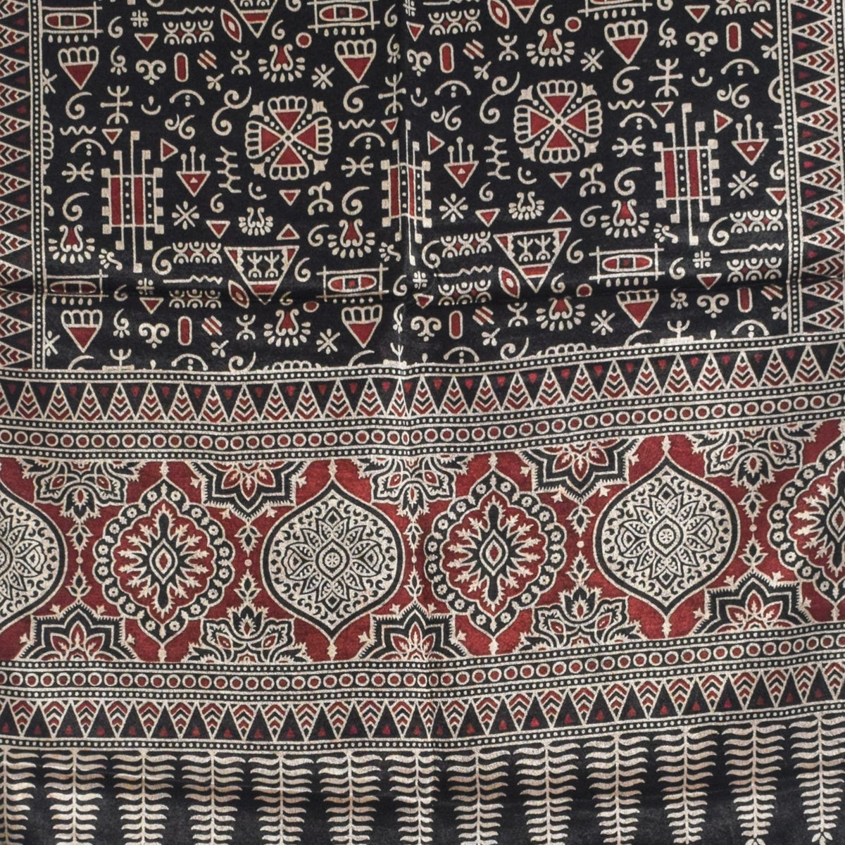 Ajrakh Mashru Silk Natural Dye Two Colour Kam Screen Hand Printed Stole - 2.1 Mtr Length - SKU : JH27701D