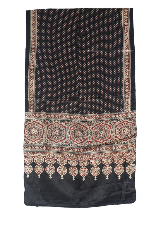 Ajrakh Mashru Silk Natural Dye Two Colour Kam Screen Hand Printed Stole - 2.1 Mtr Length - SKU : JH27701F
