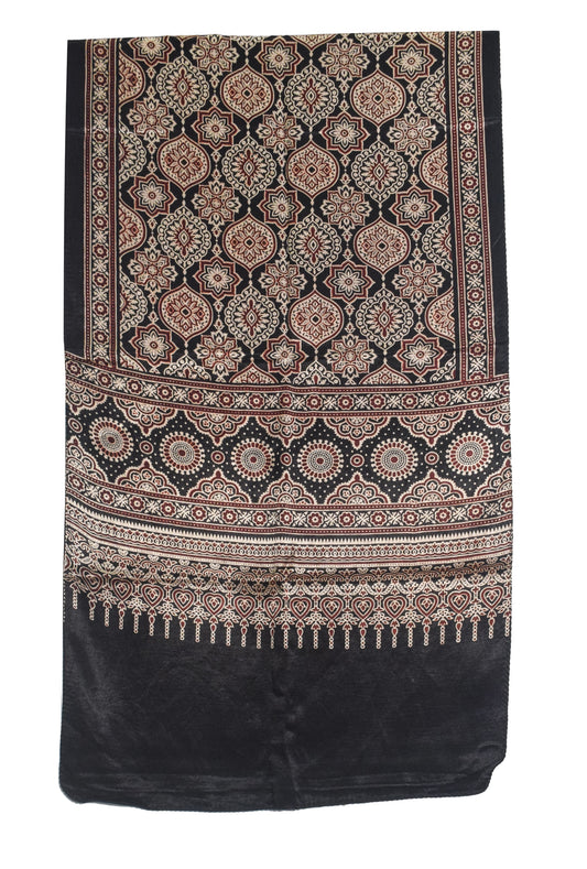 Ajrakh Mashru Silk Natural Dye Two Colour Kam Screen Hand Printed Stole - 2.1 Mtr Length - SKU : JH27701L