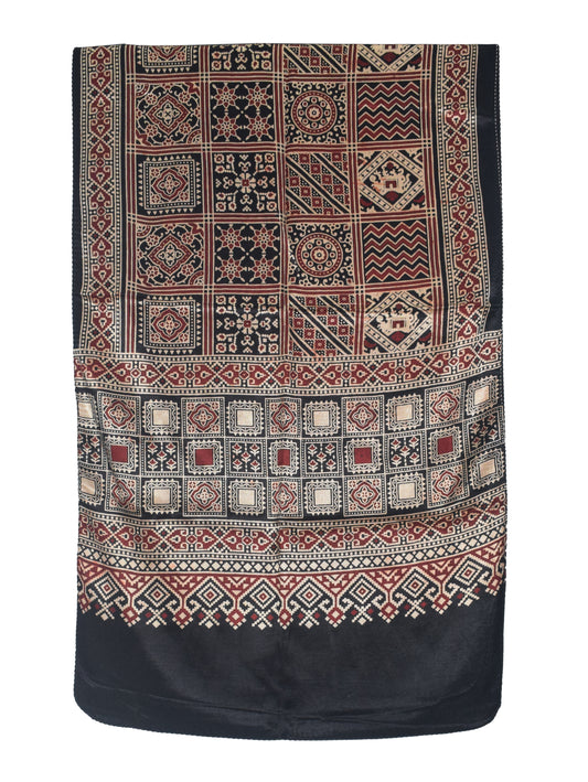 Ajrakh Mashru Silk Natural Dye Two Colour Kam Screen Hand Printed Stole - 2.1 Mtr Length - SKU : JH27701N
