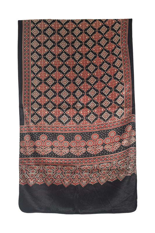 Ajrakh Mashru Silk Natural Dye Two Colour Kam Screen Hand Printed Stole - 2.1 Mtr Length - SKU : JH28701B