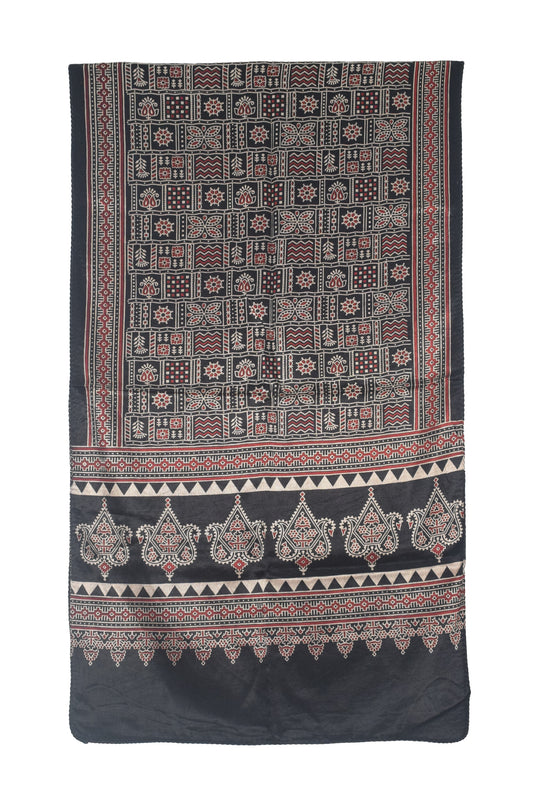 Ajrakh Mashru Silk Natural Dye Two Colour Kam Screen Hand Printed Stole - 2.1 Mtr Length - SKU : JH28701H
