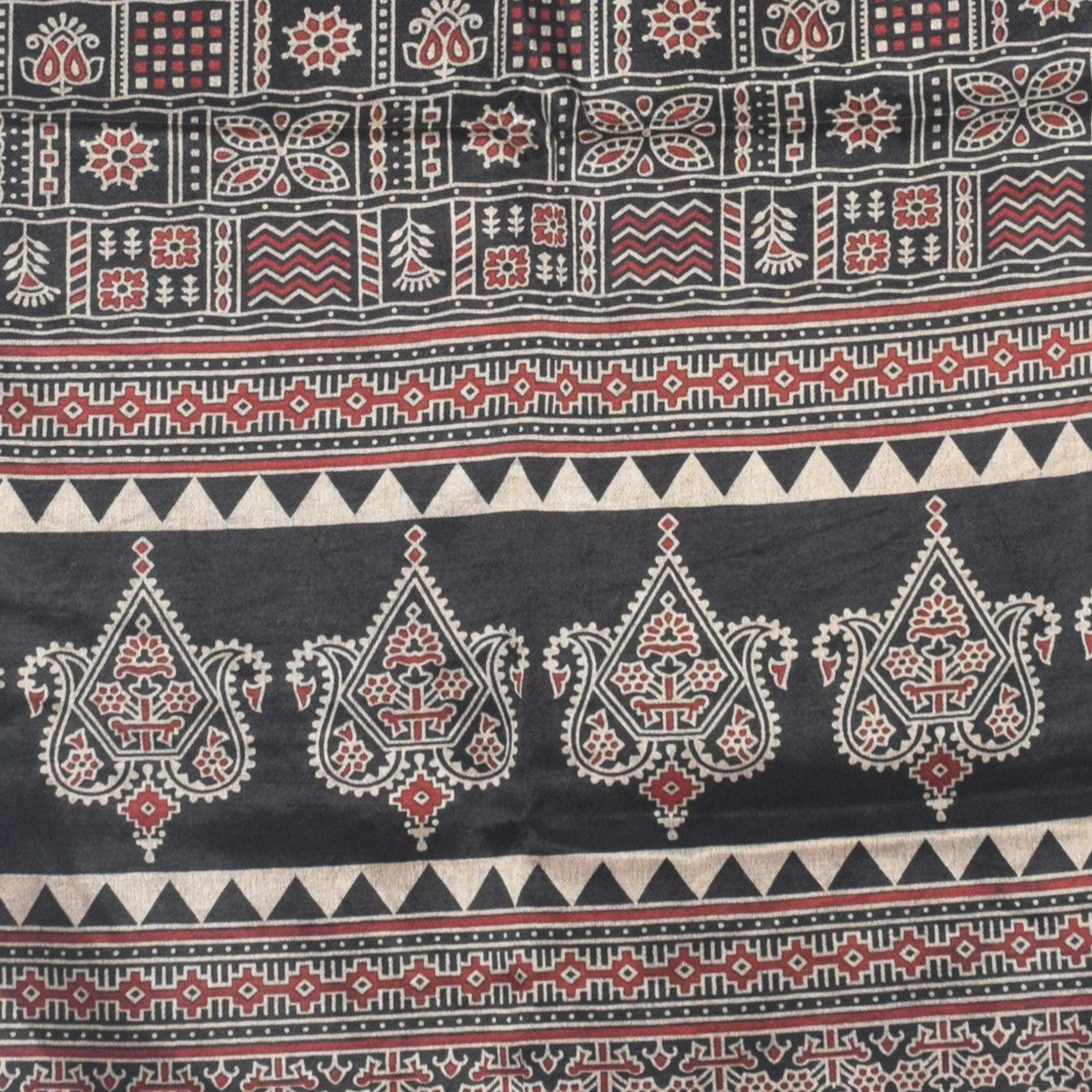 Ajrakh Mashru Silk Natural Dye Two Colour Kam Screen Hand Printed Stole - 2.1 Mtr Length - SKU : JH28701H