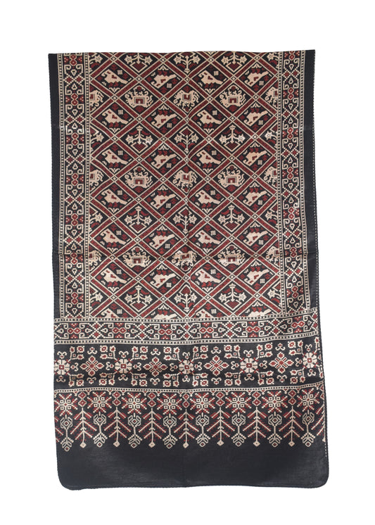 Ajrakh Mashru Silk Natural Dye Two Colour Kam Screen Hand Printed Stole - 2.1 Mtr Length - SKU : JH28701L
