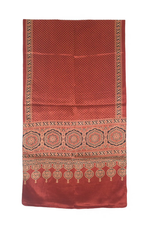 Ajrakh Mashru Silk Natural Dye Two Colour Kam Screen Hand Printed Stole - 2.1 Mtr Length - SKU : JH27701A