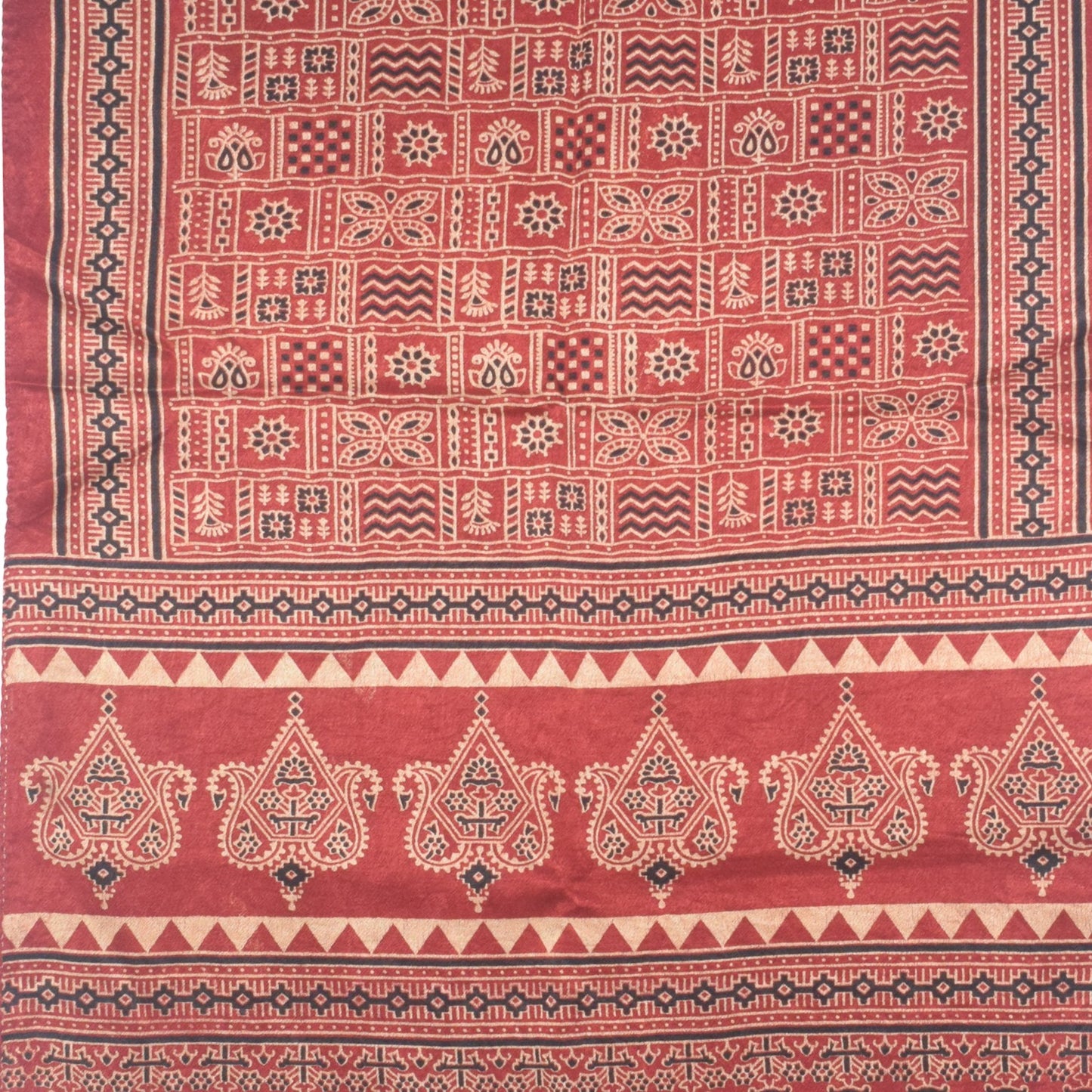 Ajrakh Mashru Silk Natural Dye Two Colour Kam Screen Hand Printed Stole - 2.1 Mtr Length - SKU : JH27701K