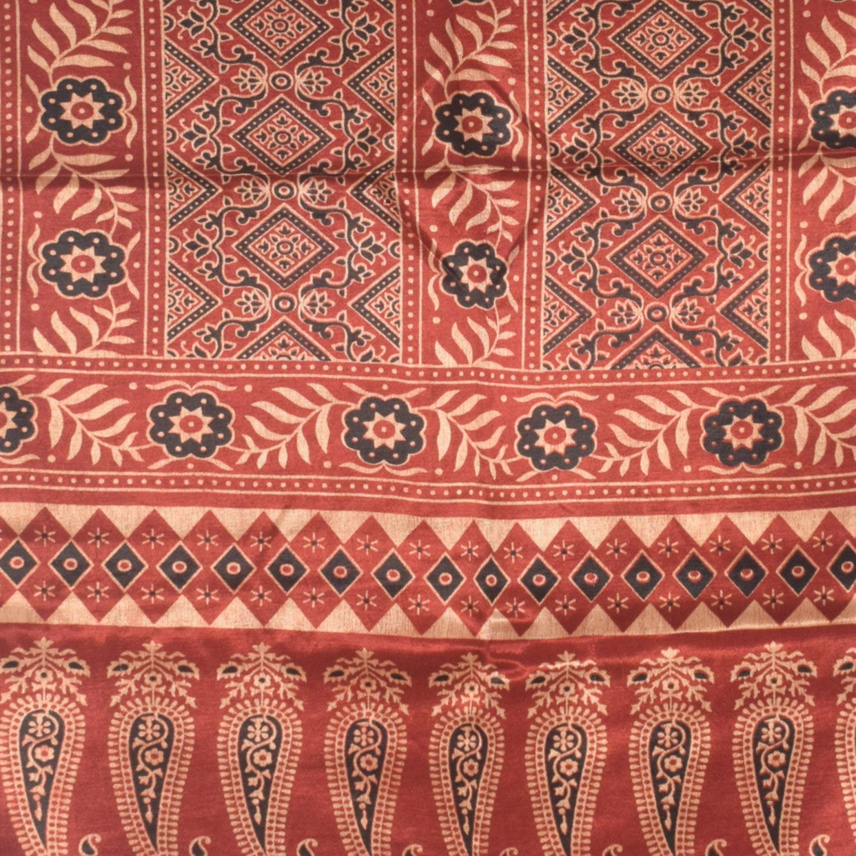 Ajrakh Mashru Silk Natural Dye Two Colour Kam Screen Hand Printed Stole - 2.1 Mtr Length - SKU : JH28701E