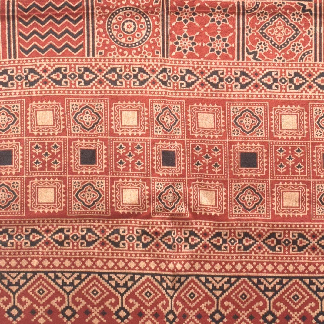 Ajrakh Mashru Silk Natural Dye Two Colour Kam Screen Hand Printed Stole - 2.1 Mtr Length - SKU : JH28701I