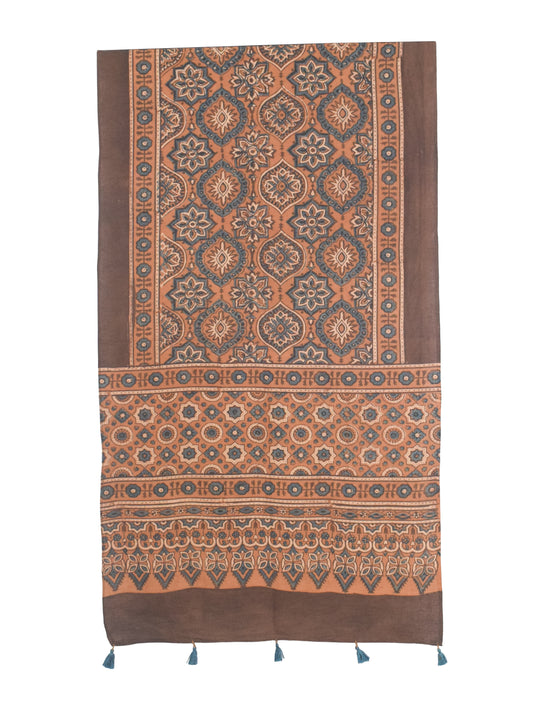 Ajrakh Cotton Natural Dye Hand Block Print Stole with Tassels - 2.1 Mtr Length - SKU : ID03901D