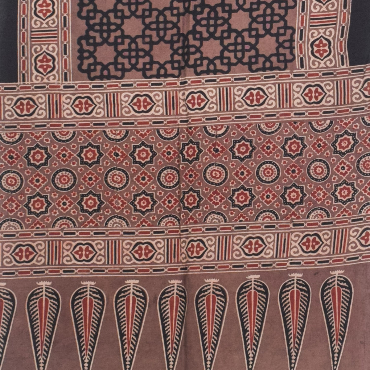 Ajrakh Cotton Natural Dye Hand Block Print Stole with Tassels - 2.1 Mtr Length - SKU : ID03901A