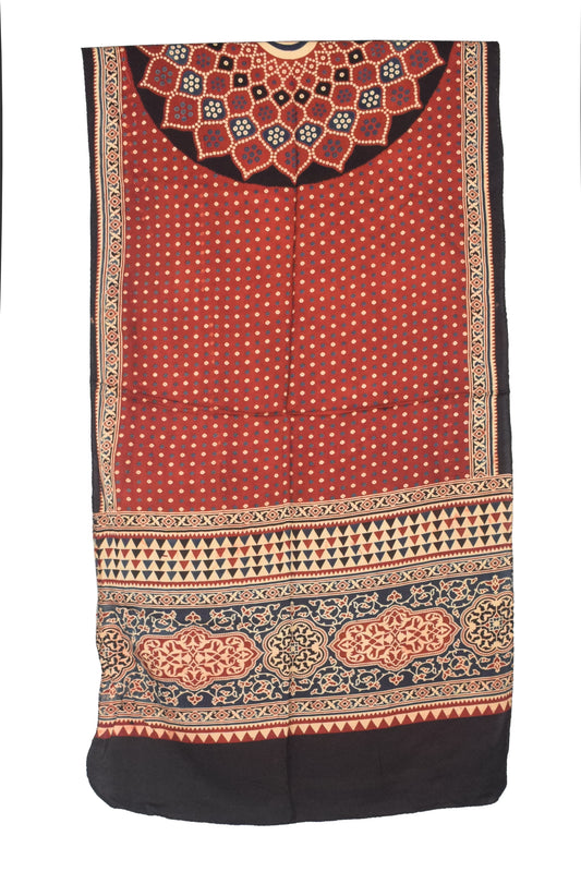 Ajrakh Modal Silk Natural Dye Three Colour Print | 3 Kam | Screen Print Hand Printed Stole - 2.1 Mtr Length - SKU : JH12A01F