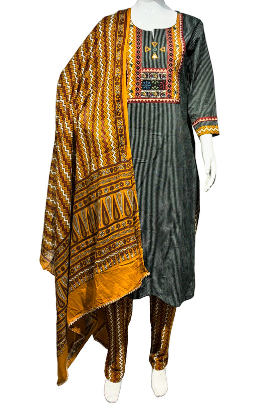 Ajrakh Cotton Part Natural Dye Kantha Work Top with Embroidery Panel Screen Print Hand Printed Stitched Three Piece Suit - SKU : ID05302D