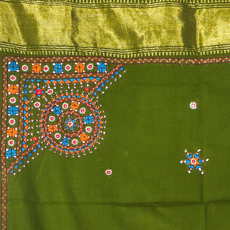 Neran Work Wool Small Mirror Work Hand Embroidery Shawl With Golden Border - 2.1 Mtr Length - SKU : BM09101C