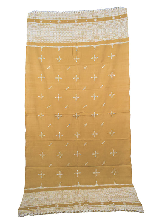 Simple Mirror Work Wool Hand Embroidered Shawl with Tassels - 2.1 Mtr Length - SKU : BM17101A