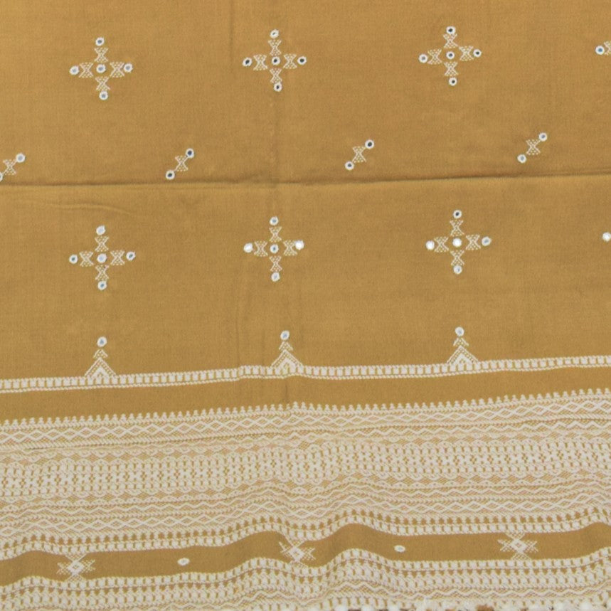 Simple Mirror Work Wool Hand Embroidered Shawl with Tassels - 2.1 Mtr Length - SKU : BM17101A