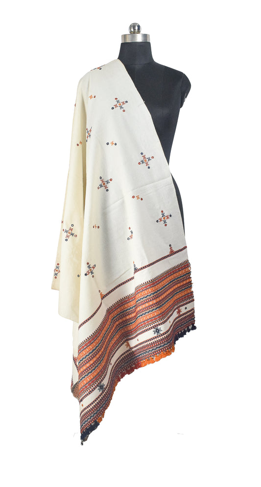 Simple Mirror Work Wool Hand Embroidered Shawl with Tassels - 2.1 Mtr Length - SKU : BM27A01D