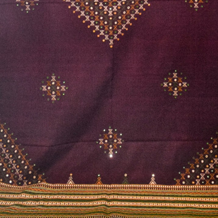 Mirror Work Wool Hand Embroidered Shawl with Tassels - 2.1 Mtr Length - SKU : BM20B02B