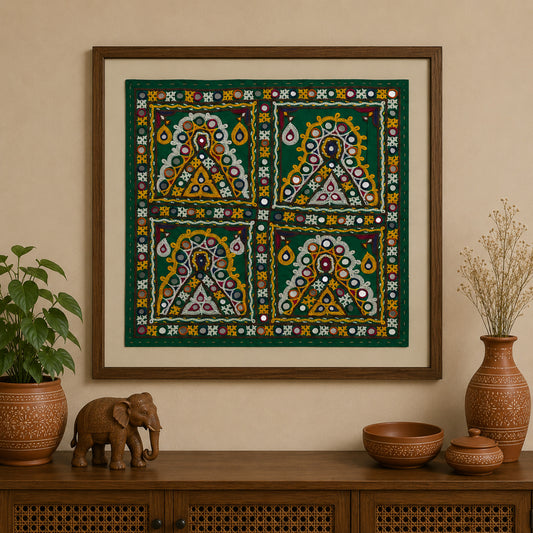 Ahir Work Cotton Fine Mirror and Threadwork Embroidery Wall Decoration - SKU: MD21404B
