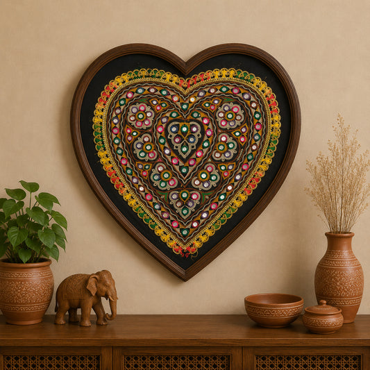 Ahir Work Cotton Fine Mirror and Threadwork Embroidery Wall Decoration - SKU: MD21406A