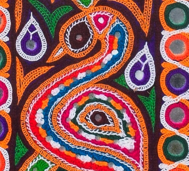 Ahir Work Cotton Hand Embroidered Mirror Work Wall Decoration With Frame - 35 cms Length - SKU : EK25201A