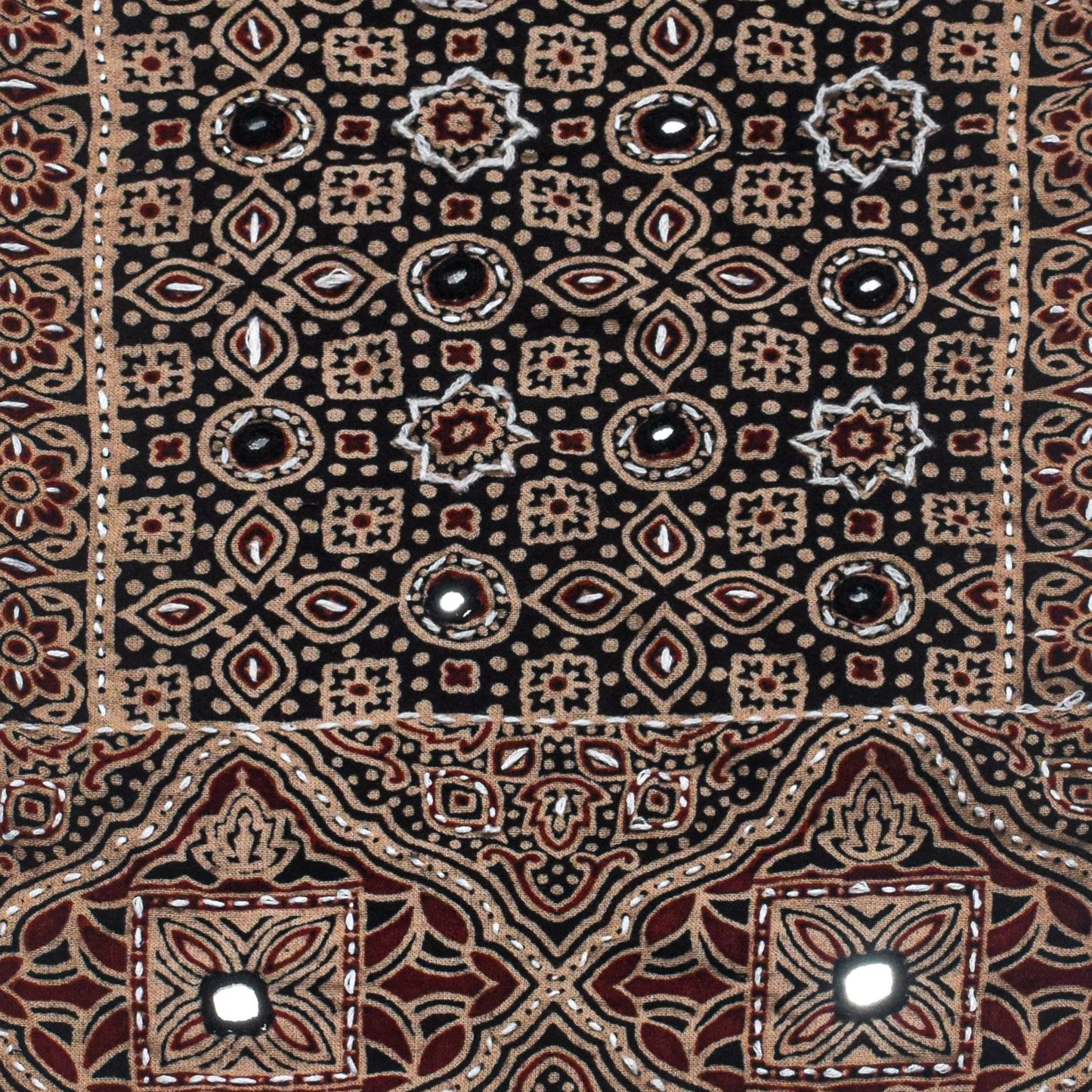 Ajrakh Cotton Natural Dye Small Mirror Work Hand Block Print Yoke Fabric Applique Patch For Kurta - 37 cms Length - SKU : ID18803O