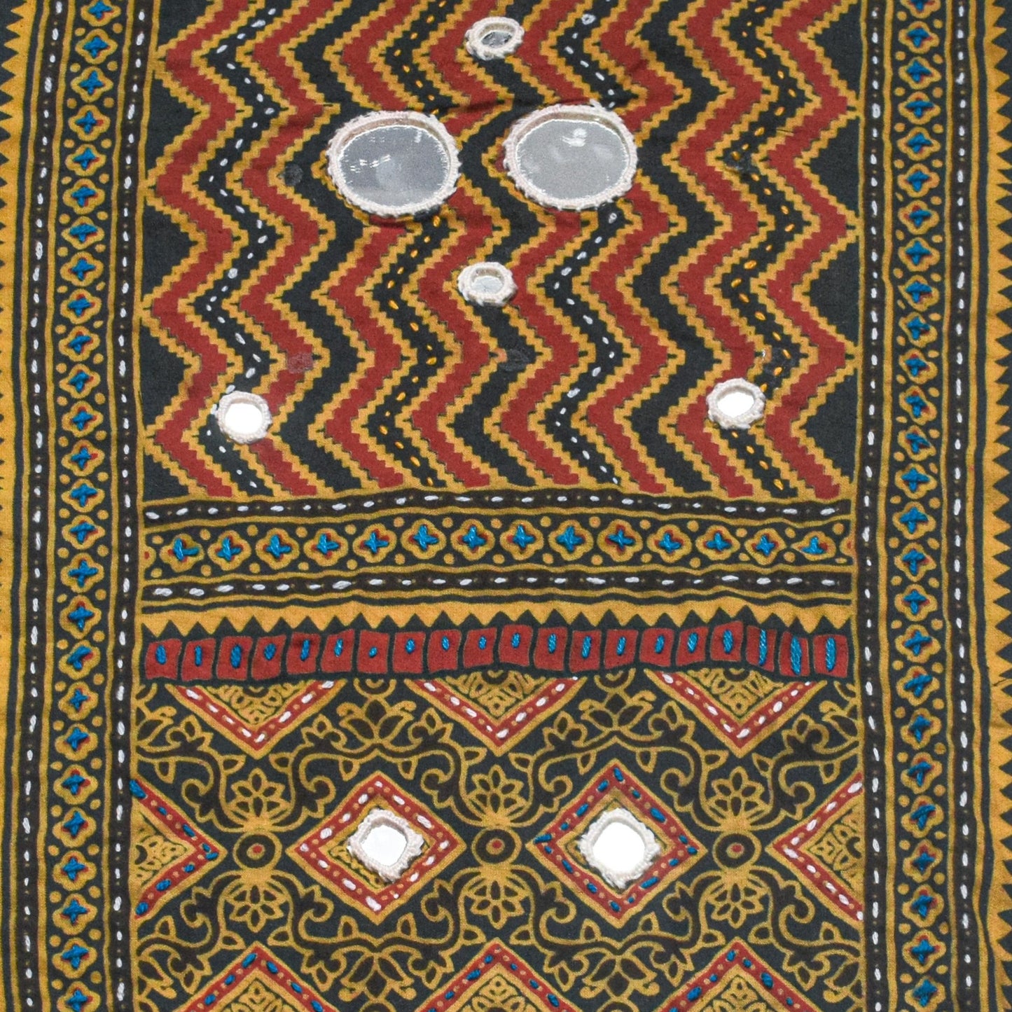 Ajrakh Cotton Natural Dye Small Mirror Work Hand Block Print Yoke Fabric Applique Patch For Kurta - 37 cms Length - SKU : ID18803X