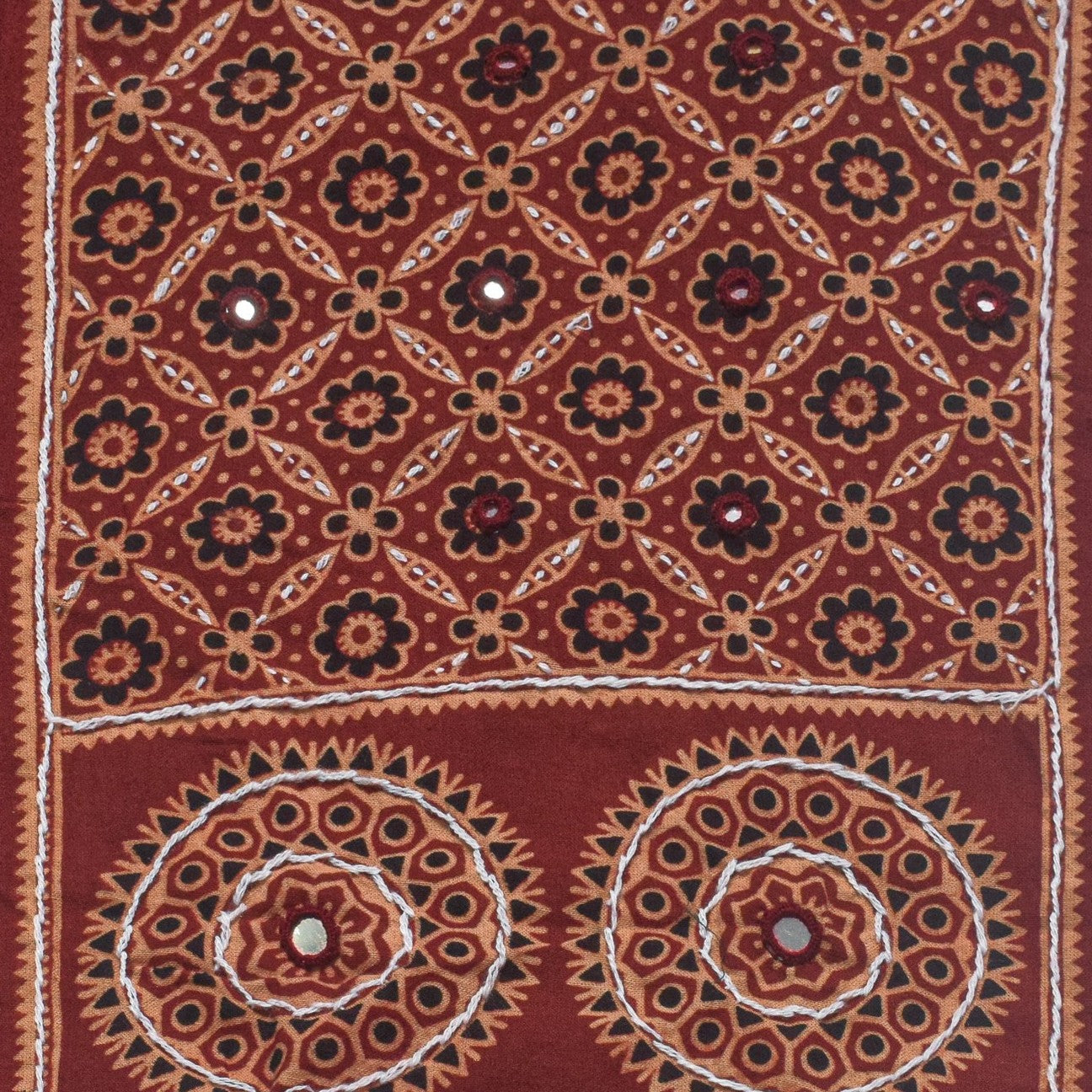 Ajrakh Cotton Natural Dye Small Mirror Work Hand Block Print Yoke Fabric Applique Patch For Kurta - 37 cms Length - SKU : ID18803A