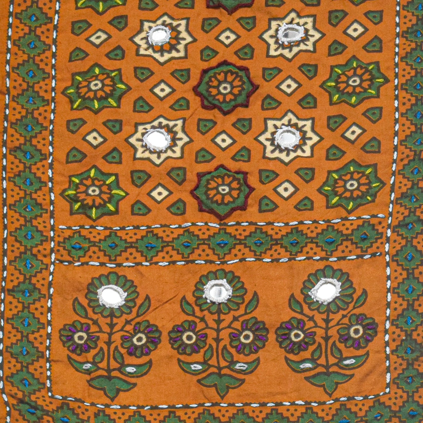 Ajrakh Cotton Natural Dye Small Mirror Work Hand Block Print Yoke Fabric Applique Patch For Kurta - 37 cms Length - SKU : ID18803T