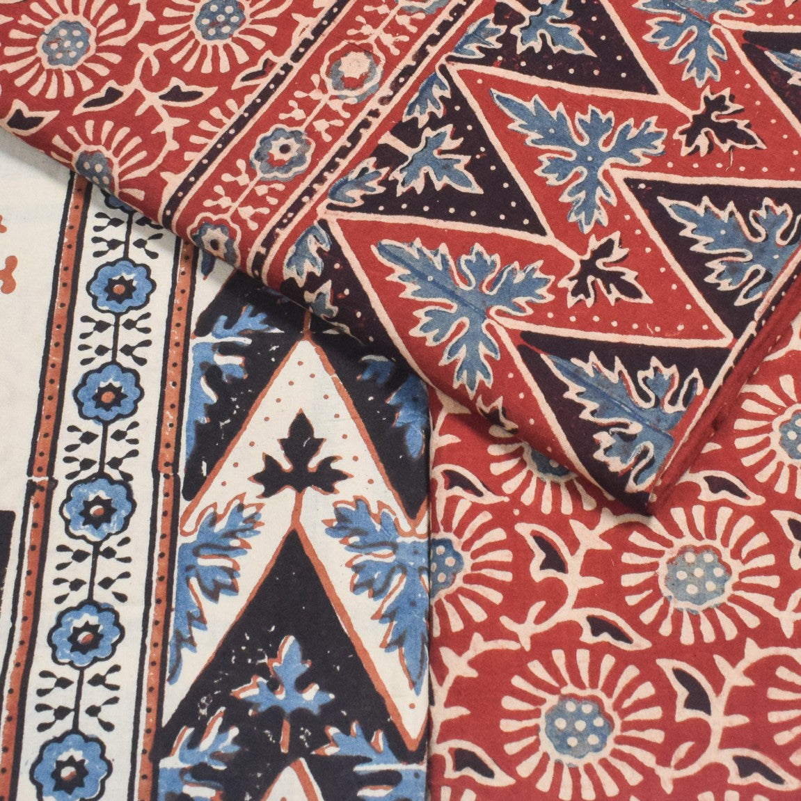 Ajrakh Cotton Natural Dye Three Colour Print | 3 Kam | Hand Block Print Dress Material with 44 Inch wide Dupatta - 2.5 Mt Top - SKU : AI03701G
