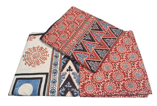 Ajrakh Cotton Natural Dye Three Colour Print | 3 Kam | Hand Block Print Dress Material with 44 Inch wide Dupatta - 2.5 Mt Top - SKU : AI03701G
