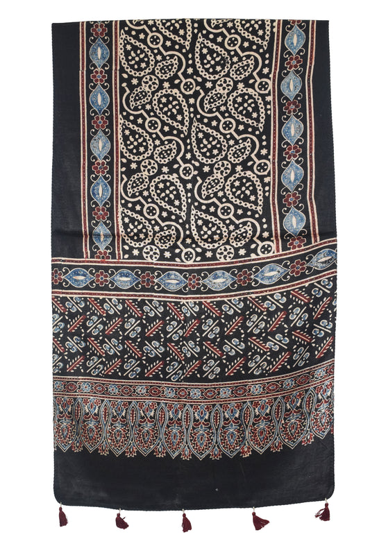 Ajrakh Mashru Silk Natural Dye Hand Block Print Stole With Tassels - 2 Mtr Length - SKU : AI07701G