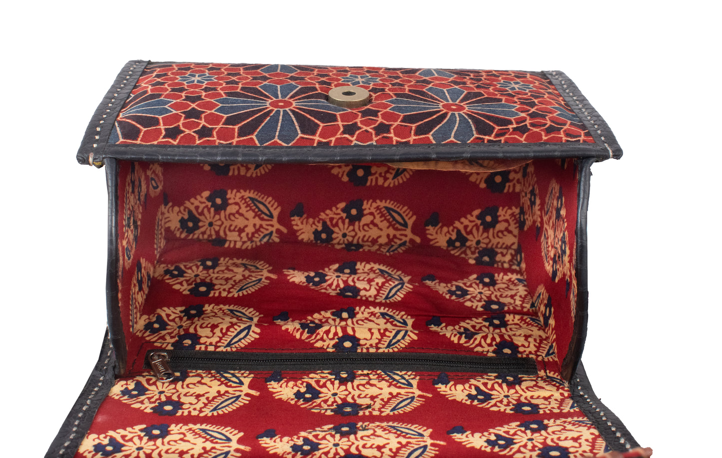 Leather Craft Punch Work Pure Leather Square - Leather Punch work with Handwork and Mashru Silk Sling Bag - SKU: AB11803A