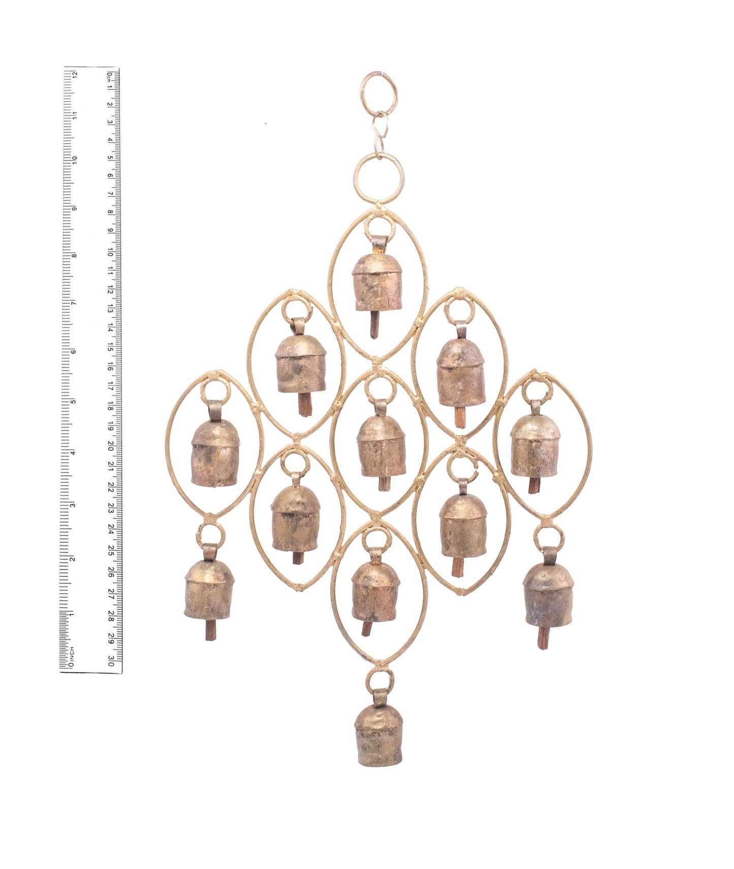 Handmade Rustic Vintage Cow Bell Home Decor Chime - Size 38 X 27 Cms Cluster Of Rings 12 Bells