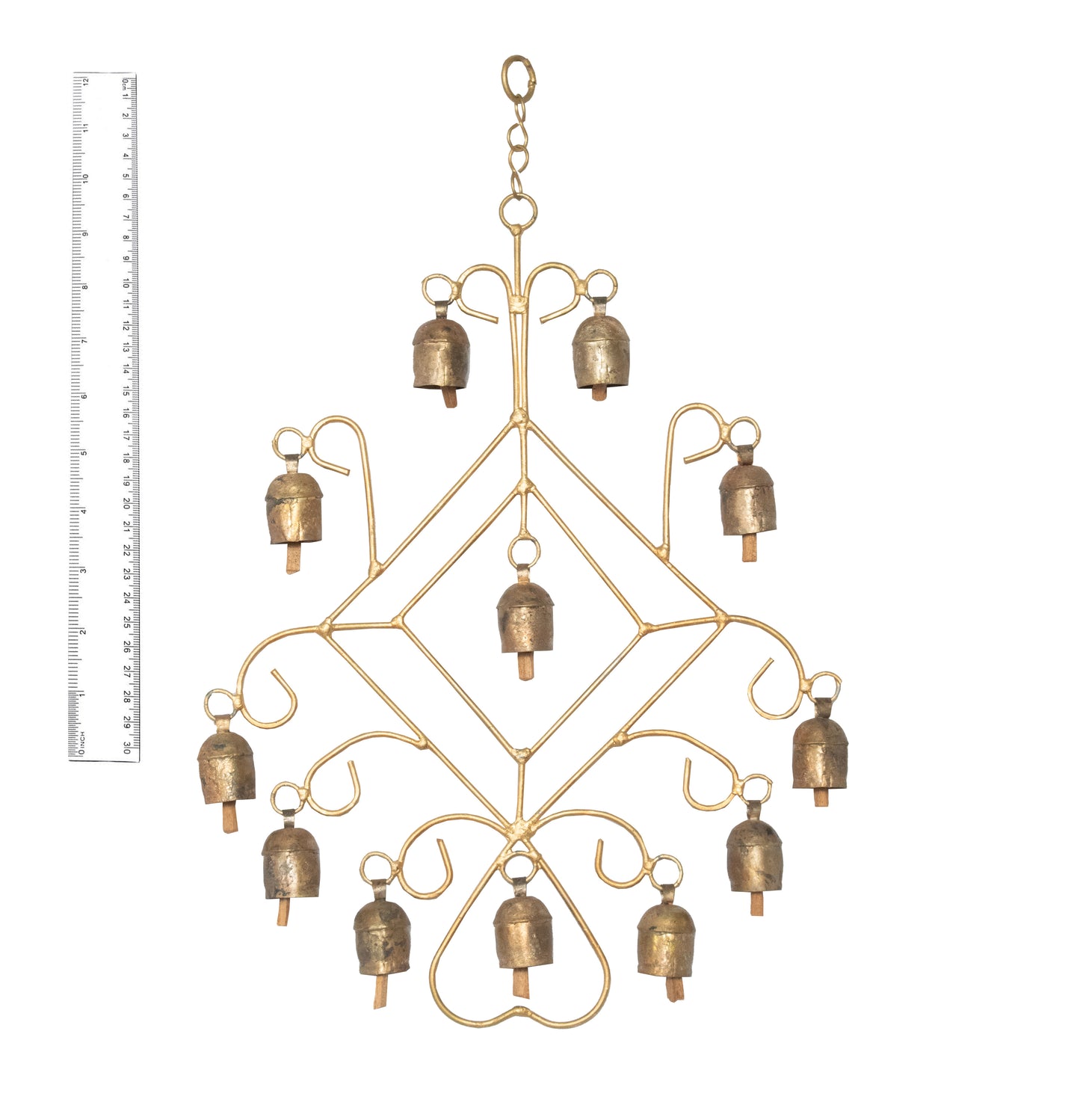 Hand Made Metal Bells Wrought Iron Copper-Zinc Coated Home Décor Chimes Cow Bell - Frame - 12 Bells - SKU: 0040