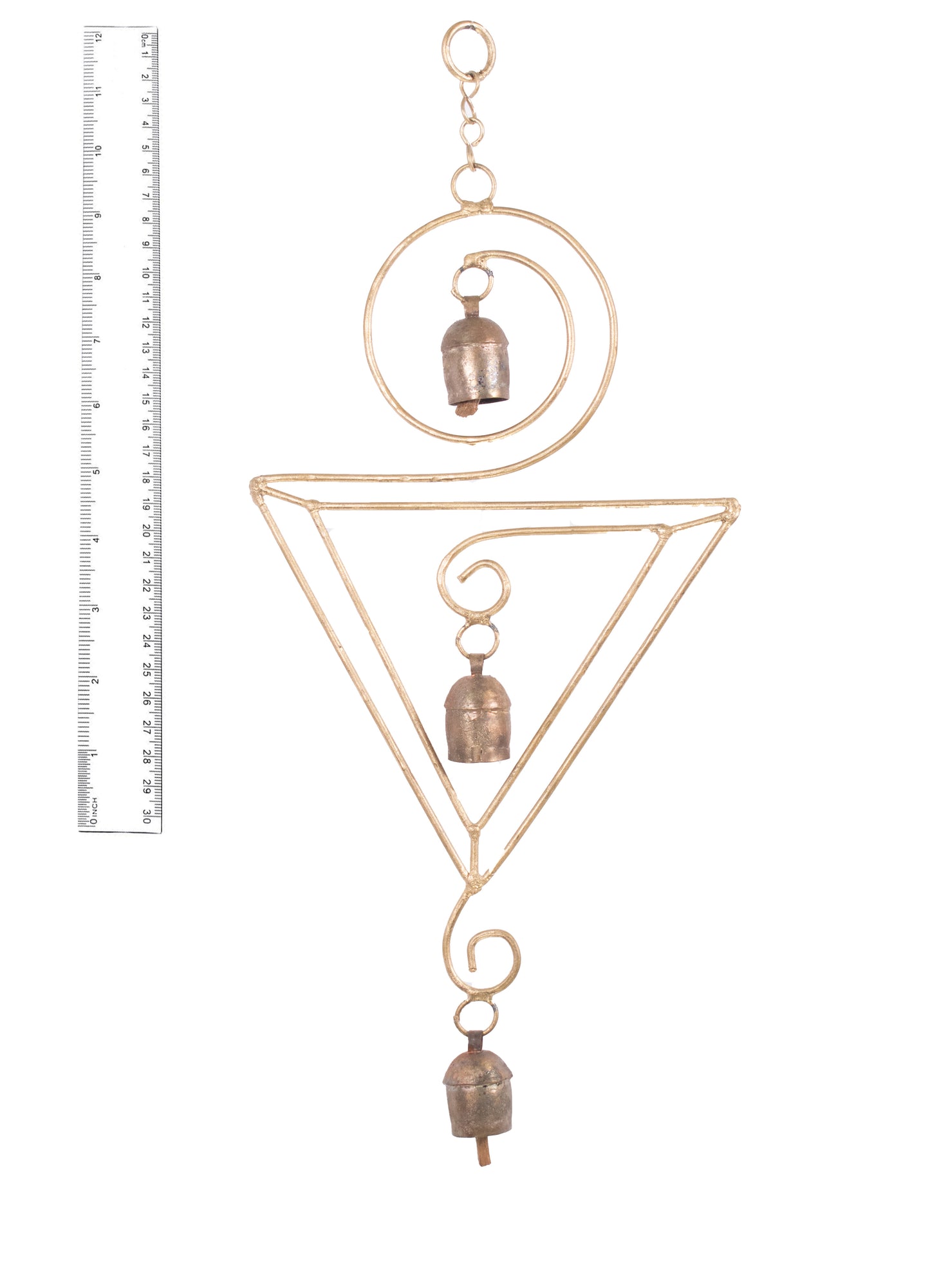 Handmade Rustic Vintage Cow Bell Home Decor Chime - Size 44 X 19 X 3 Cms Inverted Pyramid 3 Bells