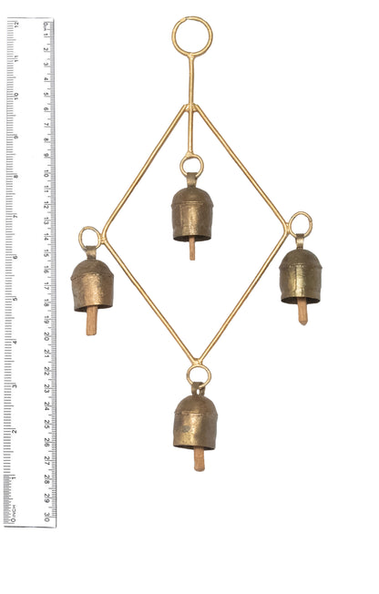 Hand Made Metal Bells Wrought Iron Copper-Zinc Coated Home Décor Chimes Cow Bell   - Rhombus - 4 Bells  -  SKU: 0096