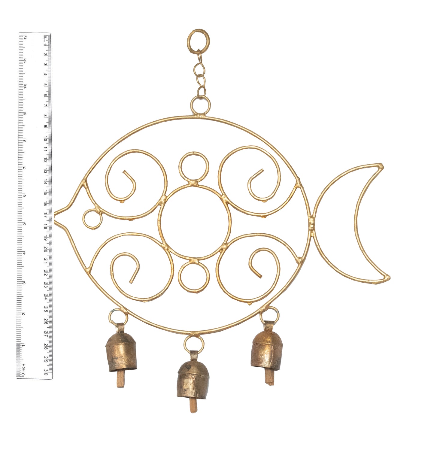 Hand Made Metal Bells Wrought Iron Copper-Zinc Coated Home Décor Chimes Cow Bell - Fish - Large - 3 Bells - SKU: 0099